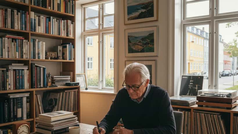 Ældre dansk mand skriver ved skrivebord omgivet af kunst og bøger i dansk lejlighed