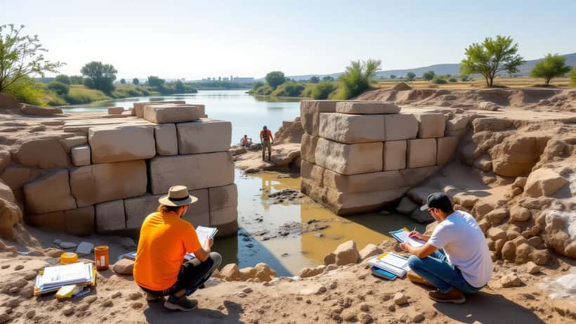 Fondamenta del Ponte di Costantino emerse dal Danubio durante la siccità del 2026
