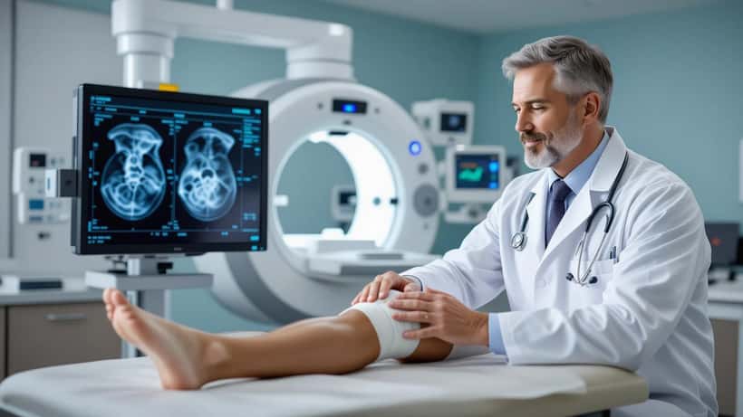 Orthopedic doctor examining a patient's knee in a sports medicine clinic