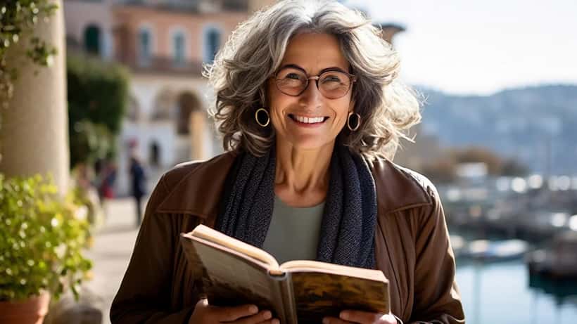 Donna italiana matura con libro - salute femminile a 60 anni