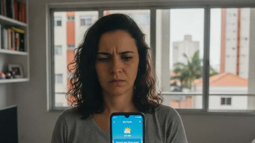 Mulher olhando para smartphone com permissão de localização de aplicativo de previsão do tempo