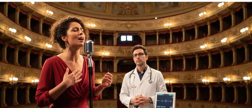 Cantante italiana con microfono su palco, medico ORL in background con strumentazione