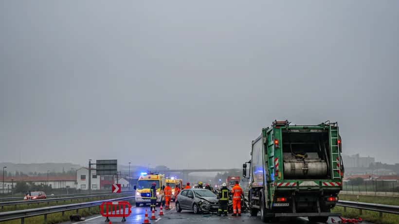 Bombeiros e ambulância em cena de acidente na autoestrada A1 perto do Porto