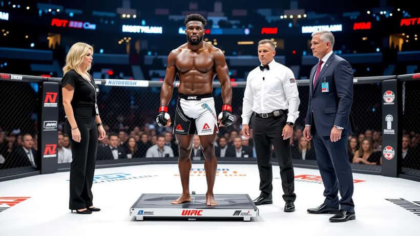 MMA fighter stepping off weigh-in scale at UK arena, visibly exhausted, medical staff standing by