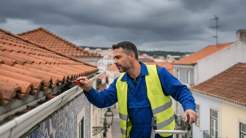 Técnico português limpa caleiras de casa em Lisboa antes de tempestade, céu nublado
