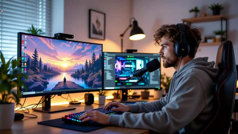 Content creator streaming live op een gaming pc setup met meerdere monitoren en microfoon