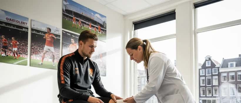 Sportarts onderzoekt de enkel van een voetballer in Amsterdam