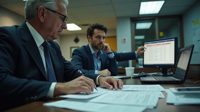 Canadian lawyer reviewing fraud case files in a Toronto law office