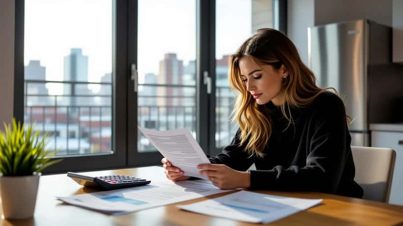 Woman reading apartment rent increase letter at kitchen table with lease documents and calculator