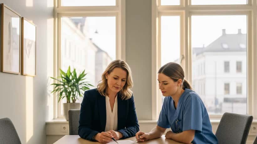 Norsk advokat og sykepleier gjennomgår arbeidskontrakt i et Oslo-kontor