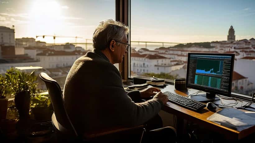 Investidor português a analisar gráficos de queda do S&P 500 no ecrã do computador em Lisboa