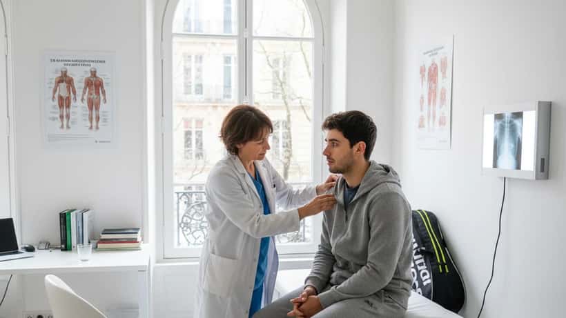 Joueur amateur de tennis en consultation de médecine du sport dans une clinique parisienne, examen d'épaule par un médecin spécialisé