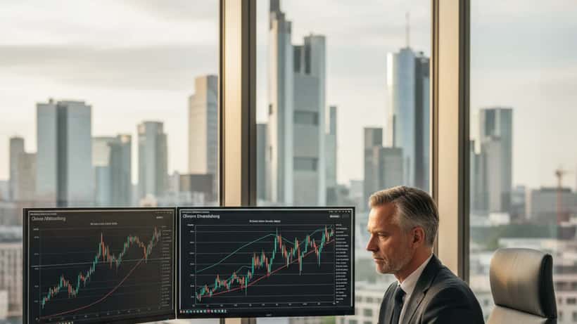 Vermögensberater prüft Ölpreis-Charts in modernem Frankfurter Büro