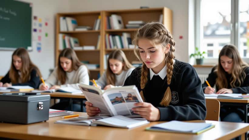 Dansk folkeskoleelev læser i fysisk lærebog i et lyst klasseværelse i 2026