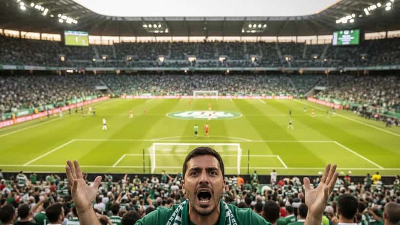 Adepto de futebol português protestando contra uma decisão de arbitragem no estádio