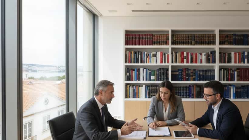 Empresário português revê documentos de planeamento sucessório com advogado e consultor financeiro em escritório de Lisboa