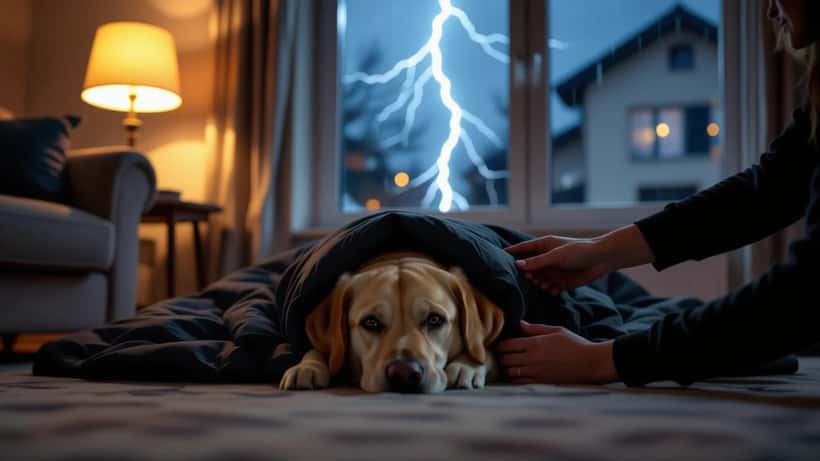 Chien tremblant caché sous un canapé lors d'un orage extrême en Suisse, réconforté par son propriétaire