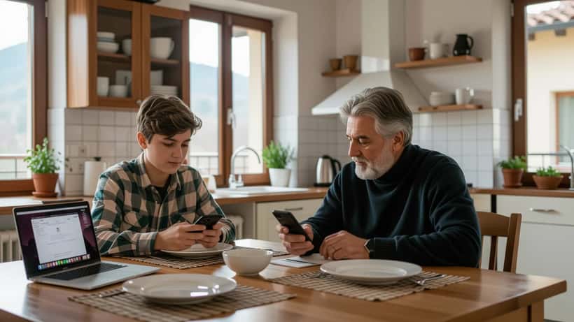 Padre e figlio quattordicenne impostano il controllo parentale sullo smartphone in una cucina di Torino