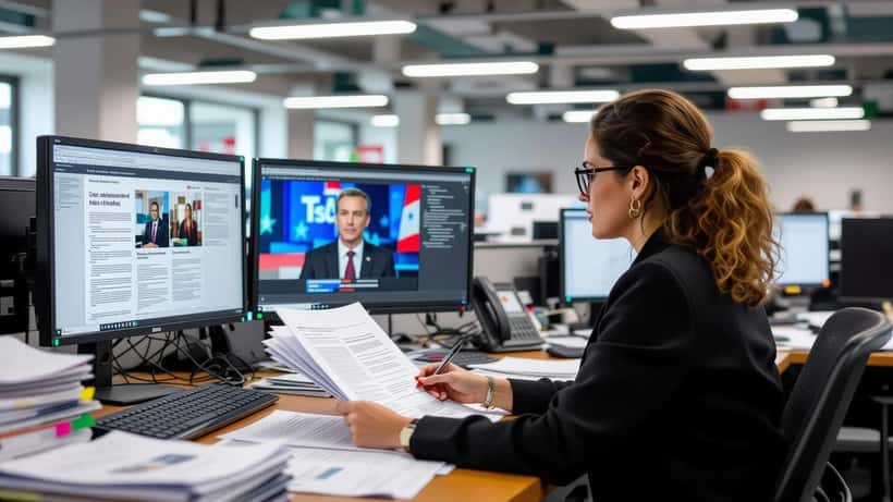Jornalista portuguesa verificando factos durante debate das eleições presidenciais de 2026