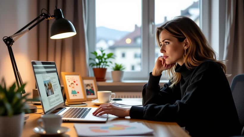 Berufstätige Mutter erschöpft am Laptop in Wiener Homeoffice – Burnout-Risiko durch Work-Life-Konflikt
