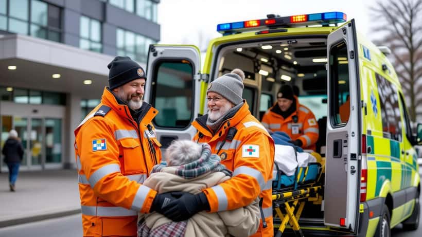 Suomalainen ensihoitaja auttaa potilasta ambulanssiin sairaalan edessä