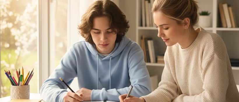Schüler und Nachhilfelehrer lernen gemeinsam am Schreibtisch in den Osterferien