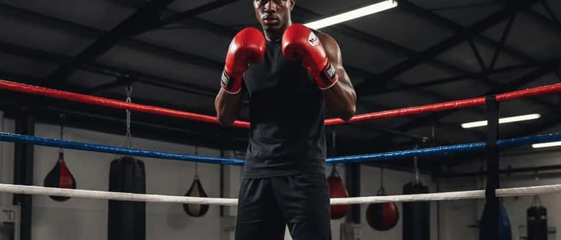 Young Black British boxer in training gloves standing in professional boxing ring in Manchester gym