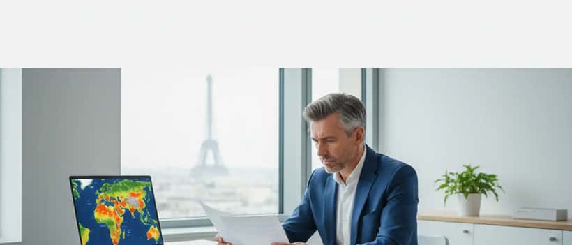 Professionnel français consultant des documents d'assurance face aux actualités du conflit Iran-Arabie saoudite