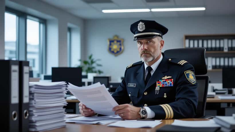 Rigspolitichef ved skrivebord med sagsmapper på politiets hovedkontor i København