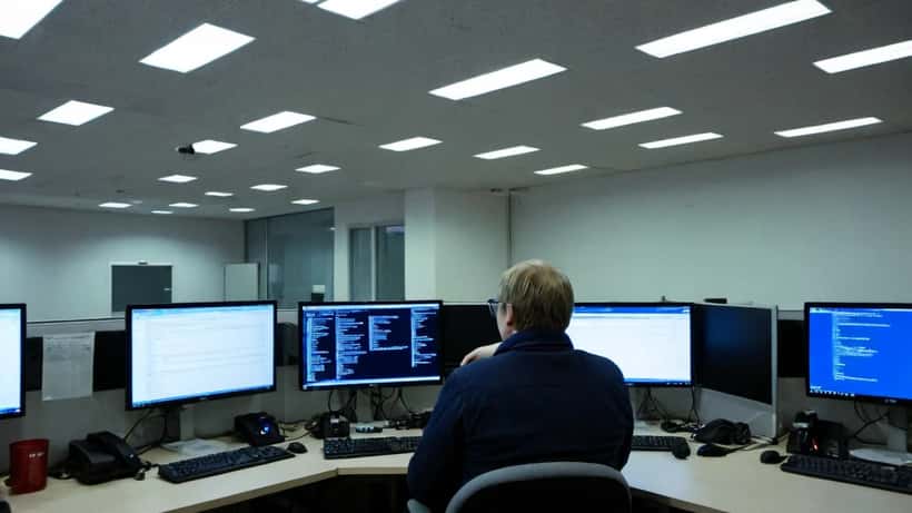 IT-tietoturva-asiantuntija analysoi koodia tietokoneen näytöllä Helsingissä