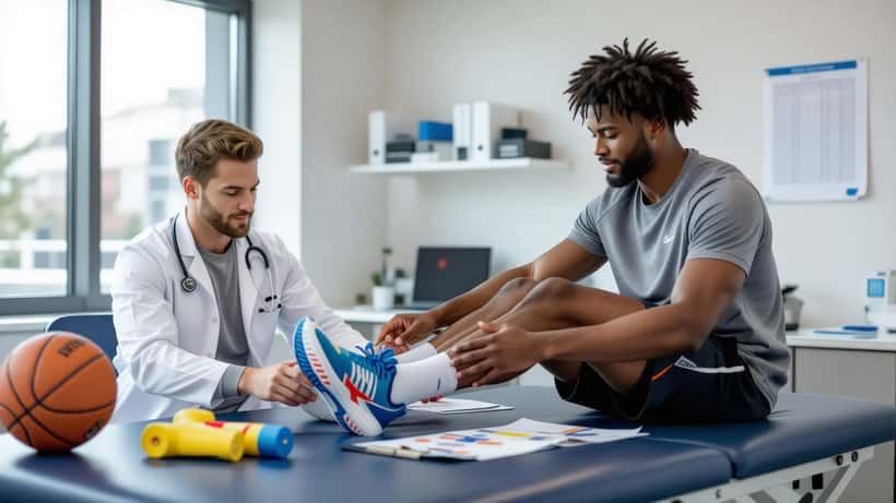 Physiotherapist examining an athlete's foot injury in a sports medicine clinic in Canada
