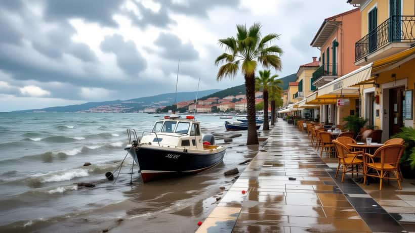 Halb im Wasser stehendes Auto auf einer überfluteten Adria-Promenade nach einem Sturm