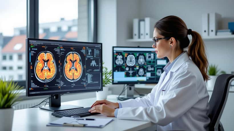 Neurolog undersøger MRI-hjernescanning med markerede skaderegioner på skærm i klinik