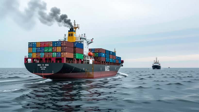 Navire cargo en mer Caspienne avec fumée dans le sillage, ciel couvert, style photo journalisme de presse