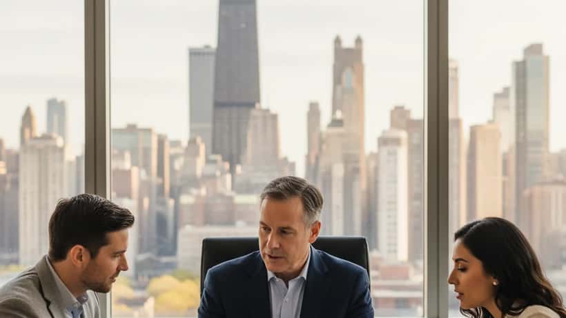 American wealth advisor presenting real estate investment analysis to a couple at a modern Chicago office with city skyline in April 2026