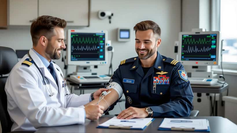 Aeromedisch arts bevestigt ECG-elektroden bij piloot in uniform in vliegmedisch onderzoekslokaal Amsterdam