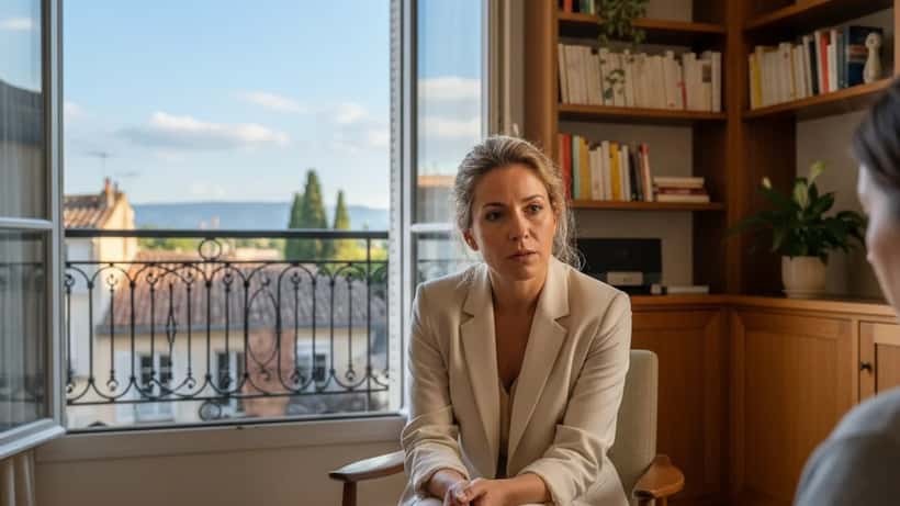 Psychologue française en blazer clair dans une salle de consultation à Paris, écoutant attentivement