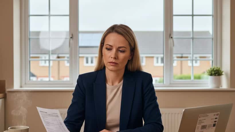 British woman reviewing energy bills and financial documents at home amid the Iran war energy crisis