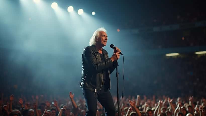 Artista de rock veterano con micrófono en escenario iluminado durante gira norteamericana 2026