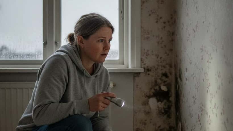Hyresgäst undersöker mögelskador på vägg i hyreslägenhet efter kraftigt regn i Sverige 2026