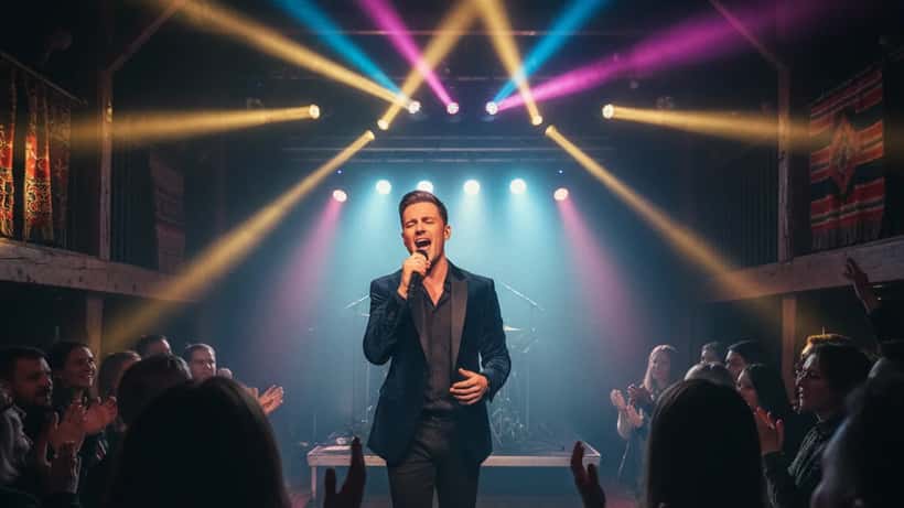 Norsk sanger på scene i Bergen med spotlights, musikkprestasjon og helse
