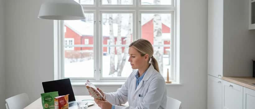 Svensk kostrådgivare i vit rock granskar livsmedelsetiketter vid ett köksbord med matprodukter