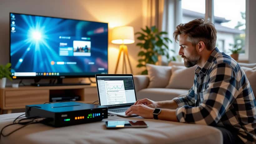IT specialist examining home router and streaming devices in a suburban Canadian living room with smart TV buffering in background