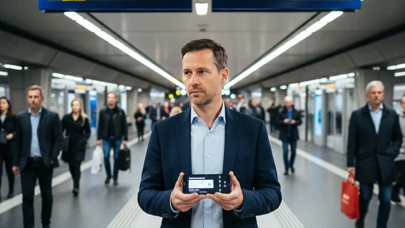 Mann prüft Deutschlandticket-App am Berliner S-Bahnhof auf Datenschutzrisiken
