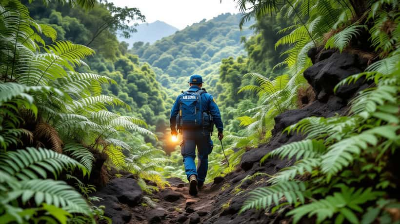 Gendarmes en opération de recherche dans une ravine tropicale escarpée à La Réunion