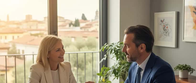 Consulente finanziario italiano che esamina documenti immobiliari e fiscali con un cliente soddisfatto