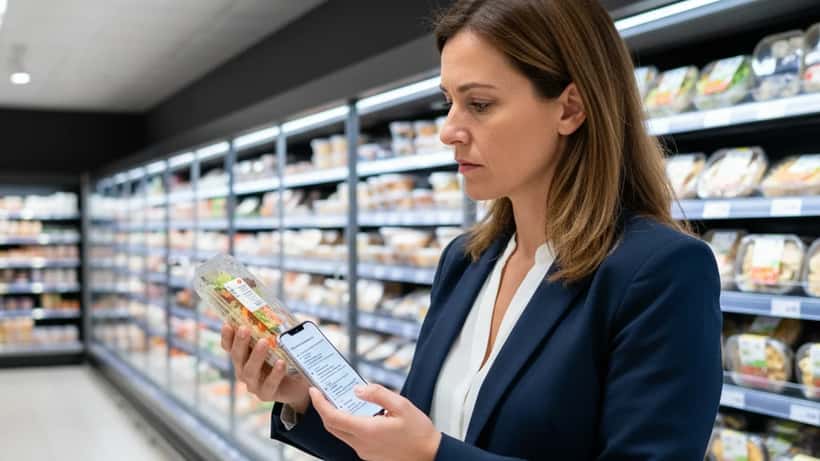 Femme française vérifiant l'étiquette d'un plat cuisiné en supermarché après rappel Listeria