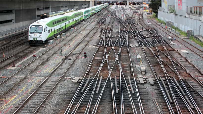 GO Train commuter train departing Toronto Union Station on the Lakeshore West line