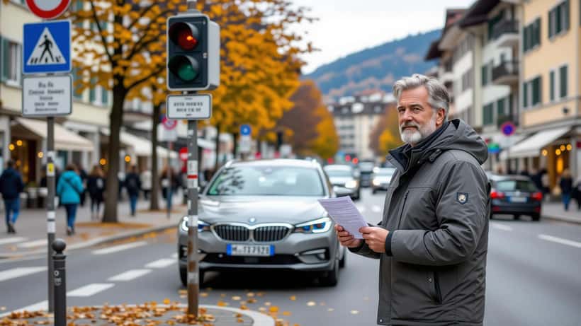 Conducteur suisse consultant son permis de circulation face à une signalisation ZTL en Italie du Nord, octobre 2026