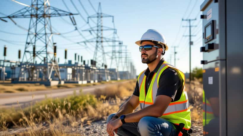 Técnico de electricidad inspeccionando subestación eléctrica durante emergencia de calor en Texas 2026